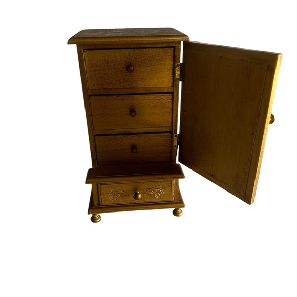 VINTAGE ENESCO WOOD MUSICAL GOLD JEWELRY BOX W/MUSTARD VELVET LINERS DRAWES - Picture 7 of 13